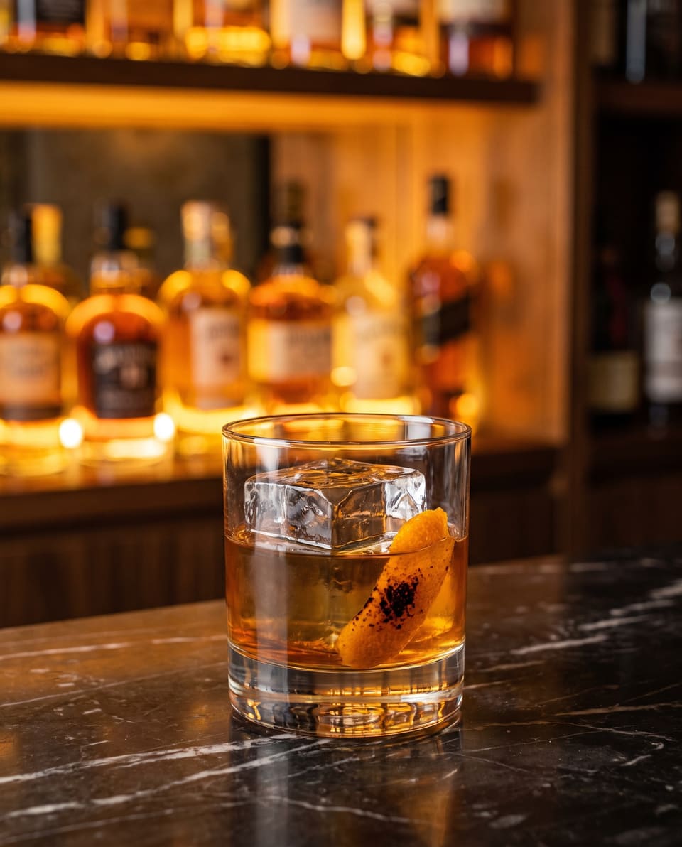 Old Fashioned da casa, com gelo de cubo largo e casca de laranja queimada